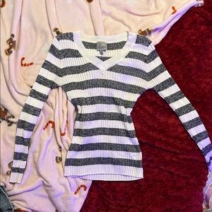 V Neck Gray and White Striped Women's Sweater